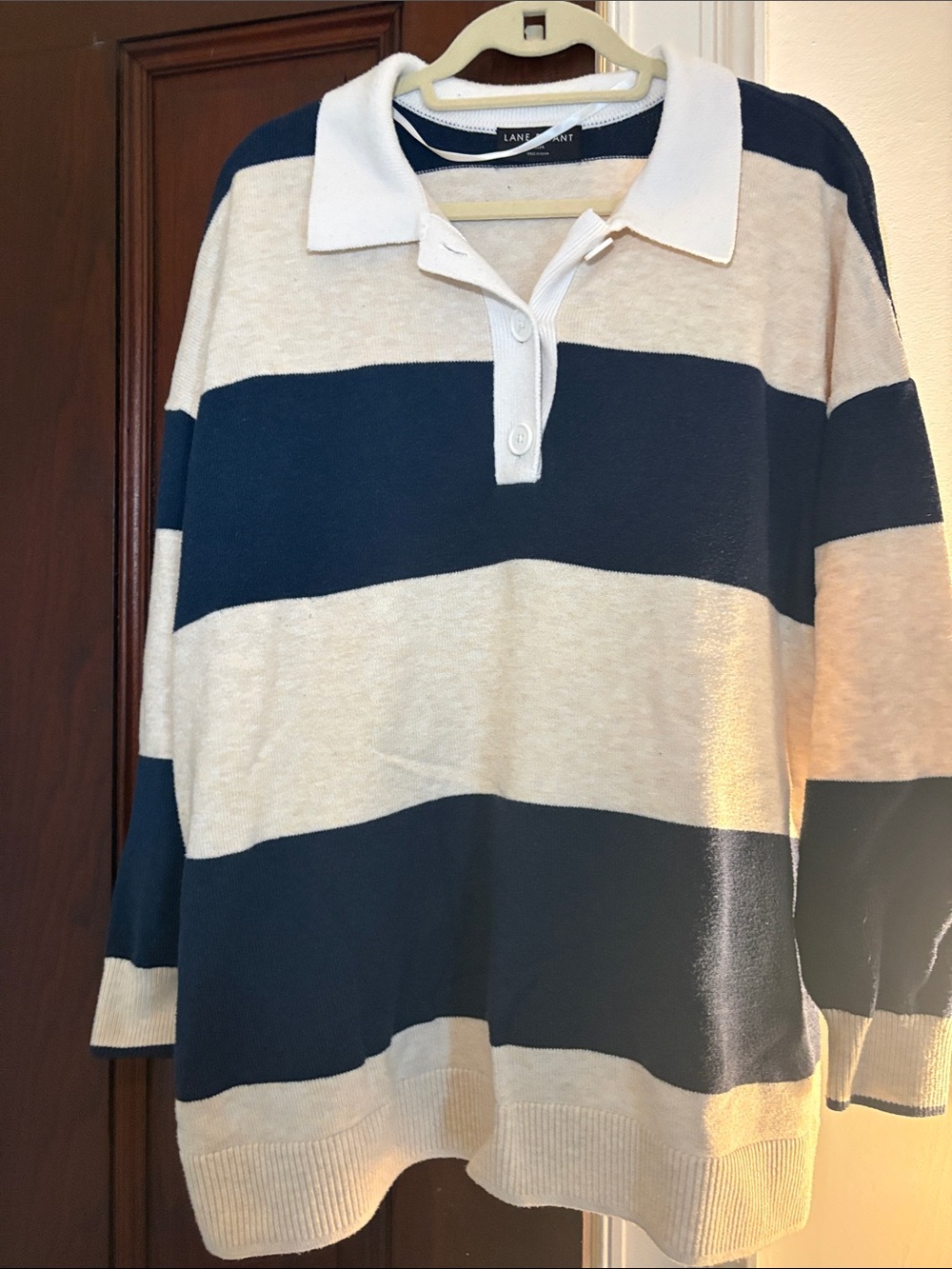 Lane Bryant women’s Navy and Cream Striped Rugby Zip Sweater
